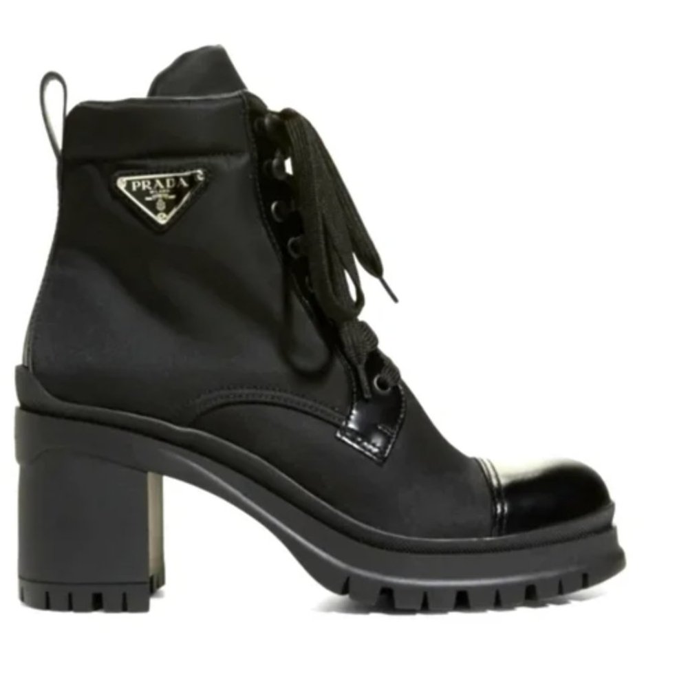 (7-7.5) Prada Re-Nylon and Leather Combat Boot Block Heel